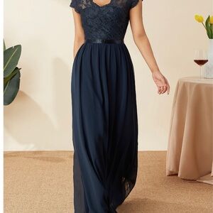 Elegant Navy Lace Evening Gown